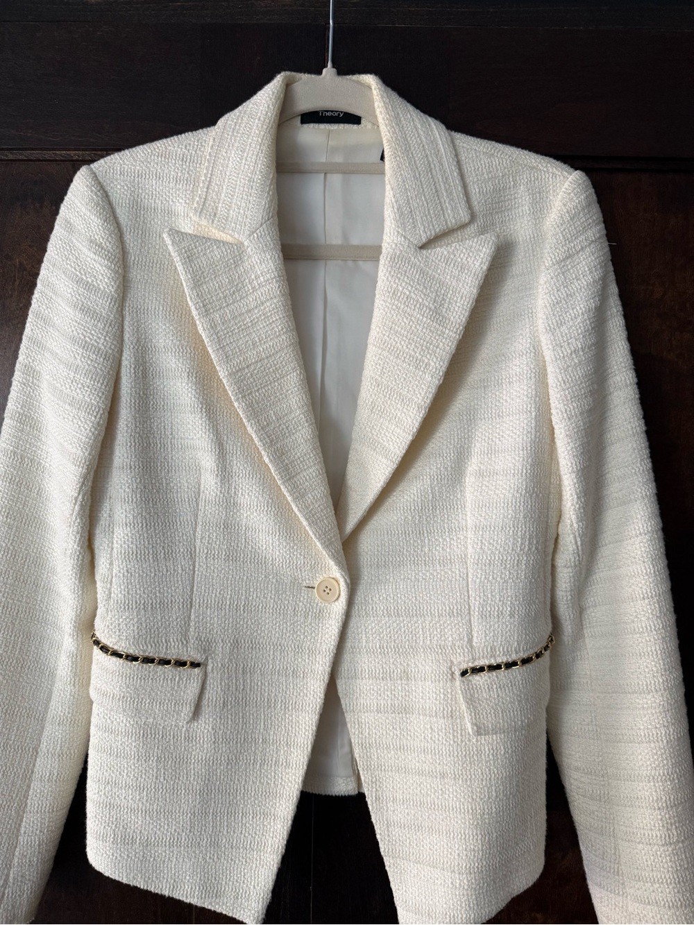 Theory Cream Bouclé Single-Button Blazer with Chain-Trim Pockets